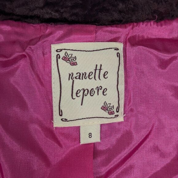 Nanette Lepore Size 8 Brown Faux Persian Lamb Jacket Pink Bow Preppy Cute - Picture 3 of 8